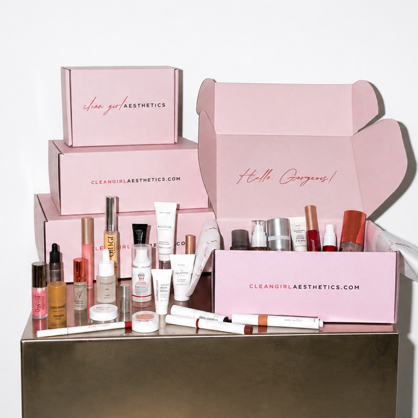 Pink cosmetic box with various products on a white background